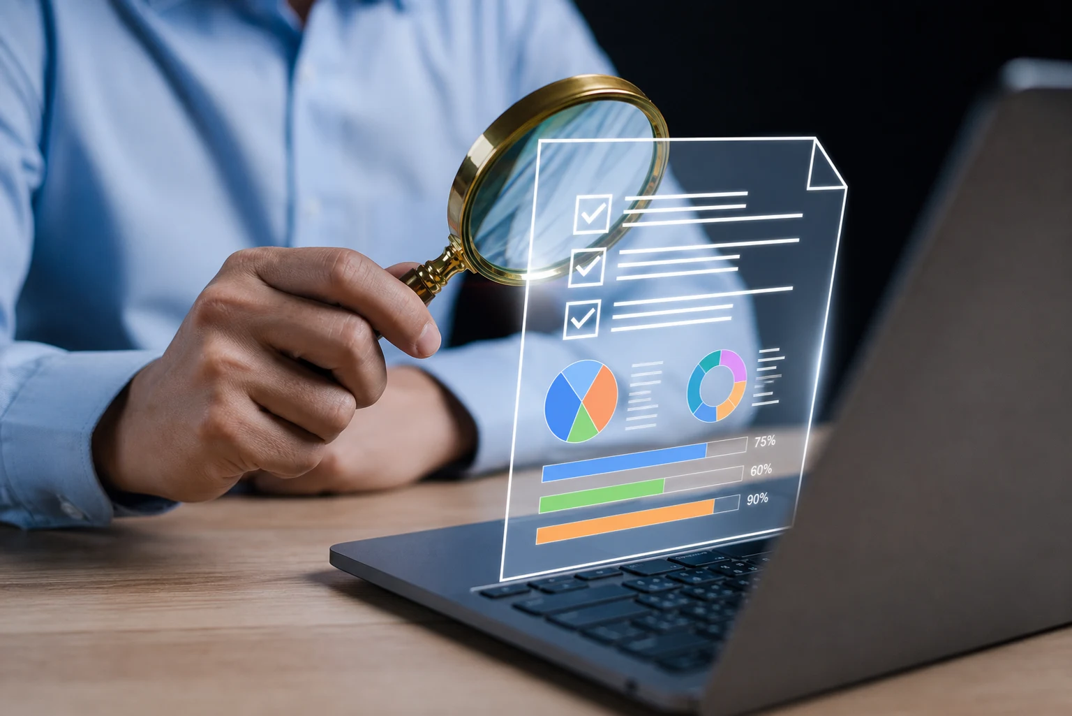 Laptop mit Dokument für Datenauswertung